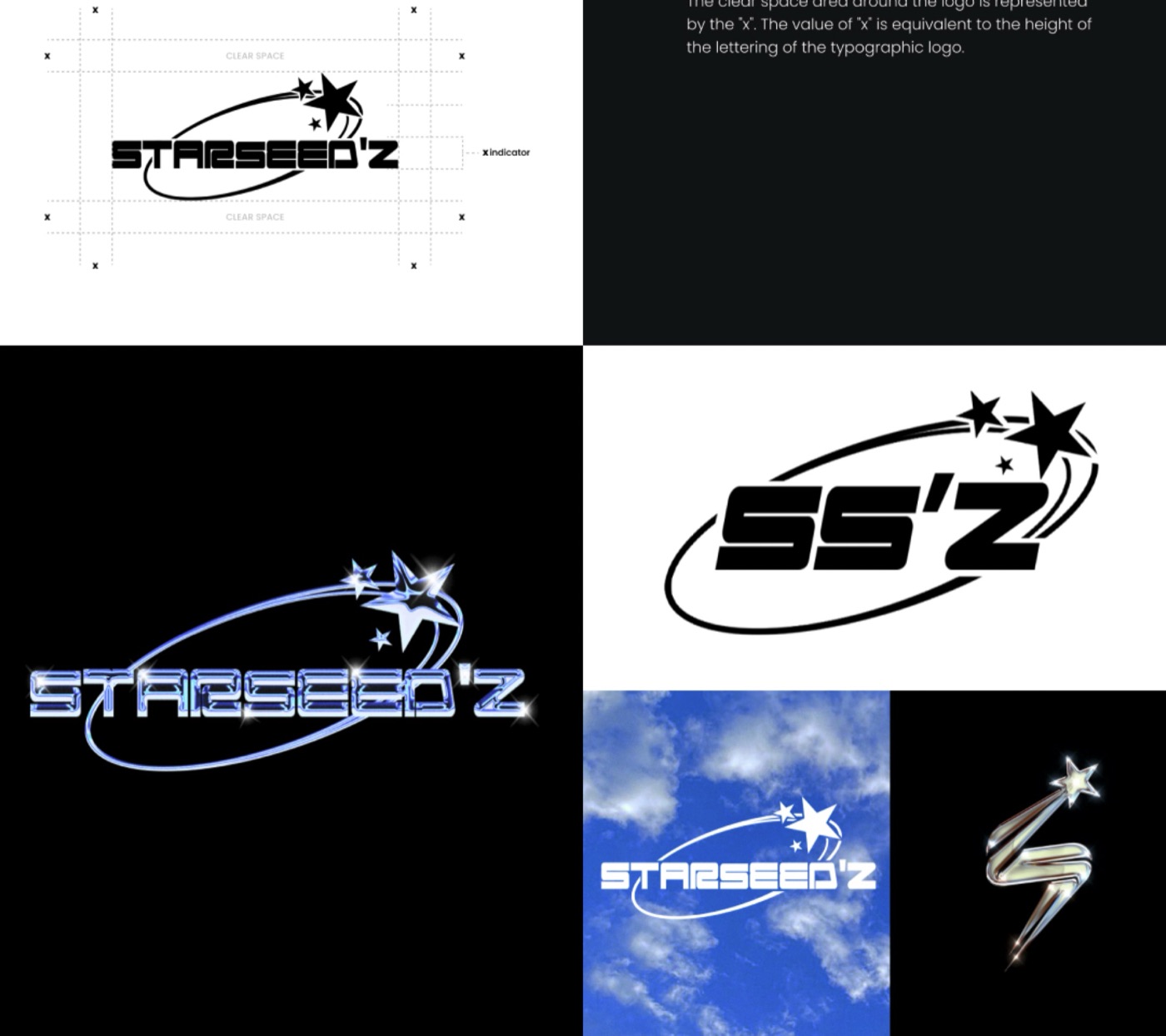 Déclinaisons d'un logo étoilé sur fond noir et ciel